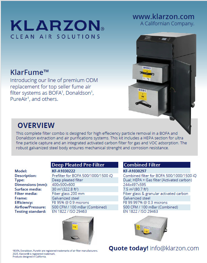 NEW ODM KLARZON® PRE-FILTER FOR OEM BOFA Donaldson AD500 AD100 AD1500