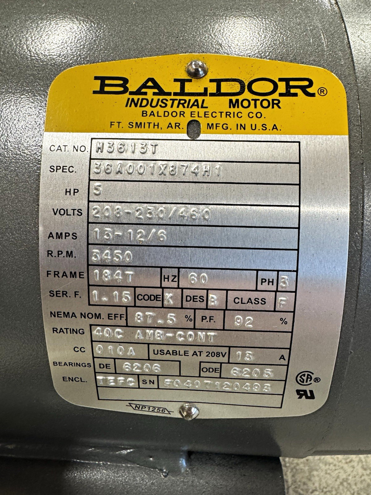 Baldor M3613T 5HP TEFC 3-Phase 208-230/460V 3450RPM Motor 184T