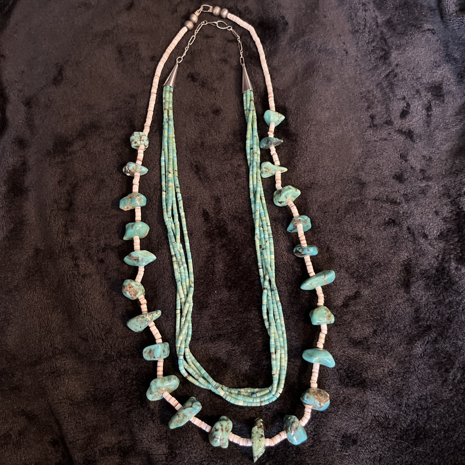 Vintage Sterling Silver 925 Turquoise Nugget & Heishi Bead Necklace Lot of 2