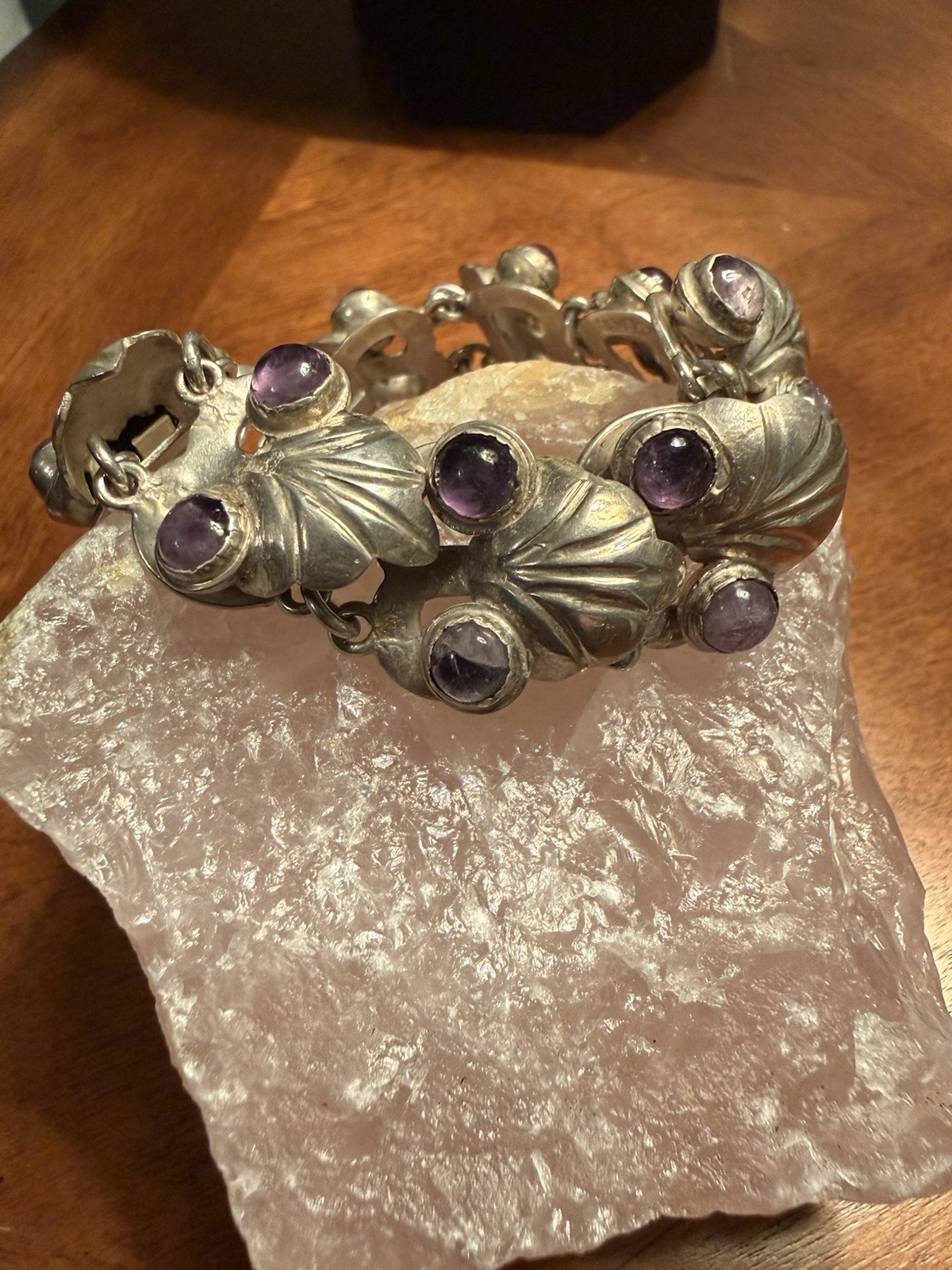 Mexican Silver Amethyst Cabochon Leaf Link Bracelet Signed Handmade 7 in