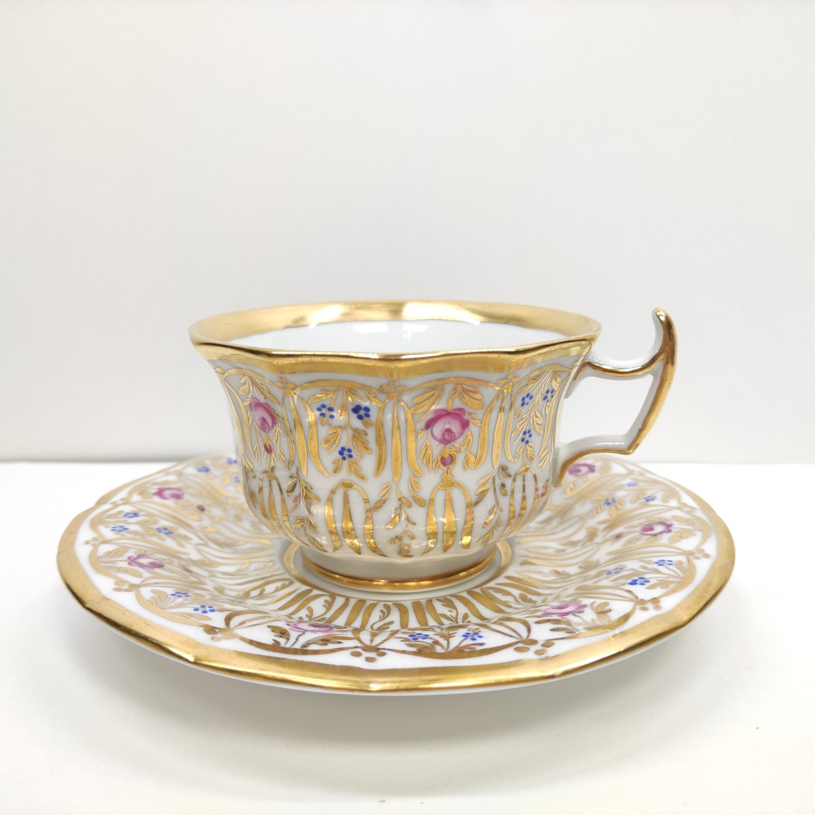 Antique KPM Berlin Hand Painted Gold Floral &White Tea Cup & Saucer Circa 1844s