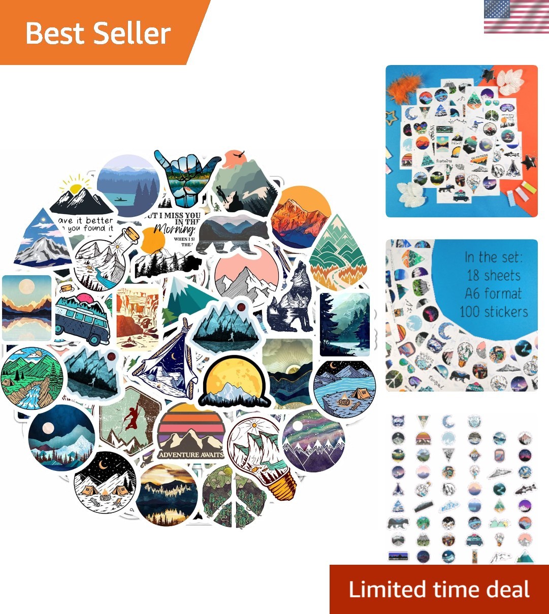 Durable 100 Pcs Mountain Stickers - Perfect for Water Bottles & Scrapbooks
