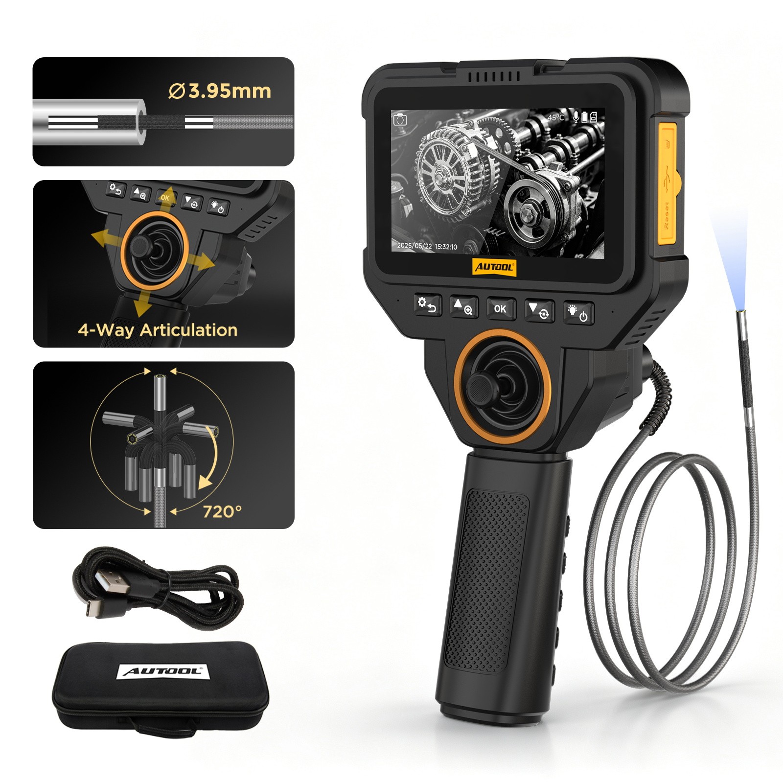 4-Way 720° Endoscope Camera Borescope Articulating Inspection Camera 3.95mm 4.3\