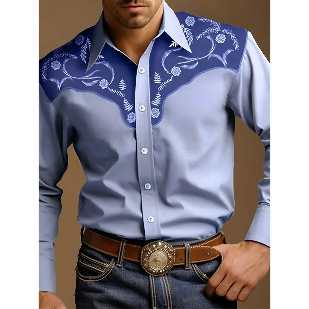 Men's Western Cowboy Shirt Long Sleeve Retro Printing Casual Buttons Down Shirt
