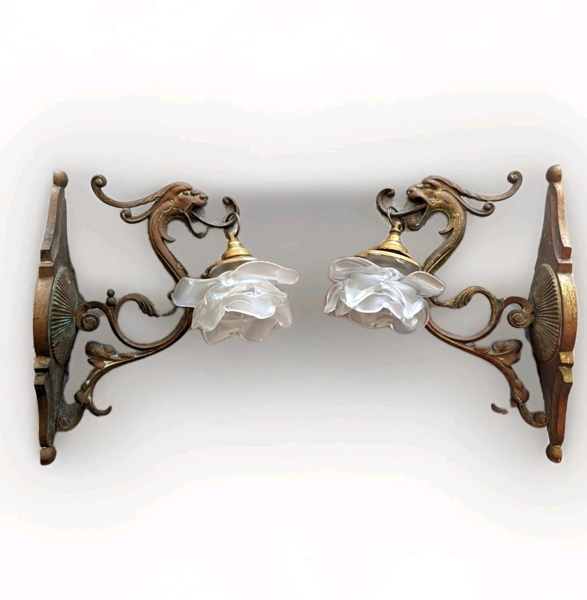 Pair of Rare Antique French Bronze/Brass Supports Sconces Dragon Griffon Chimera