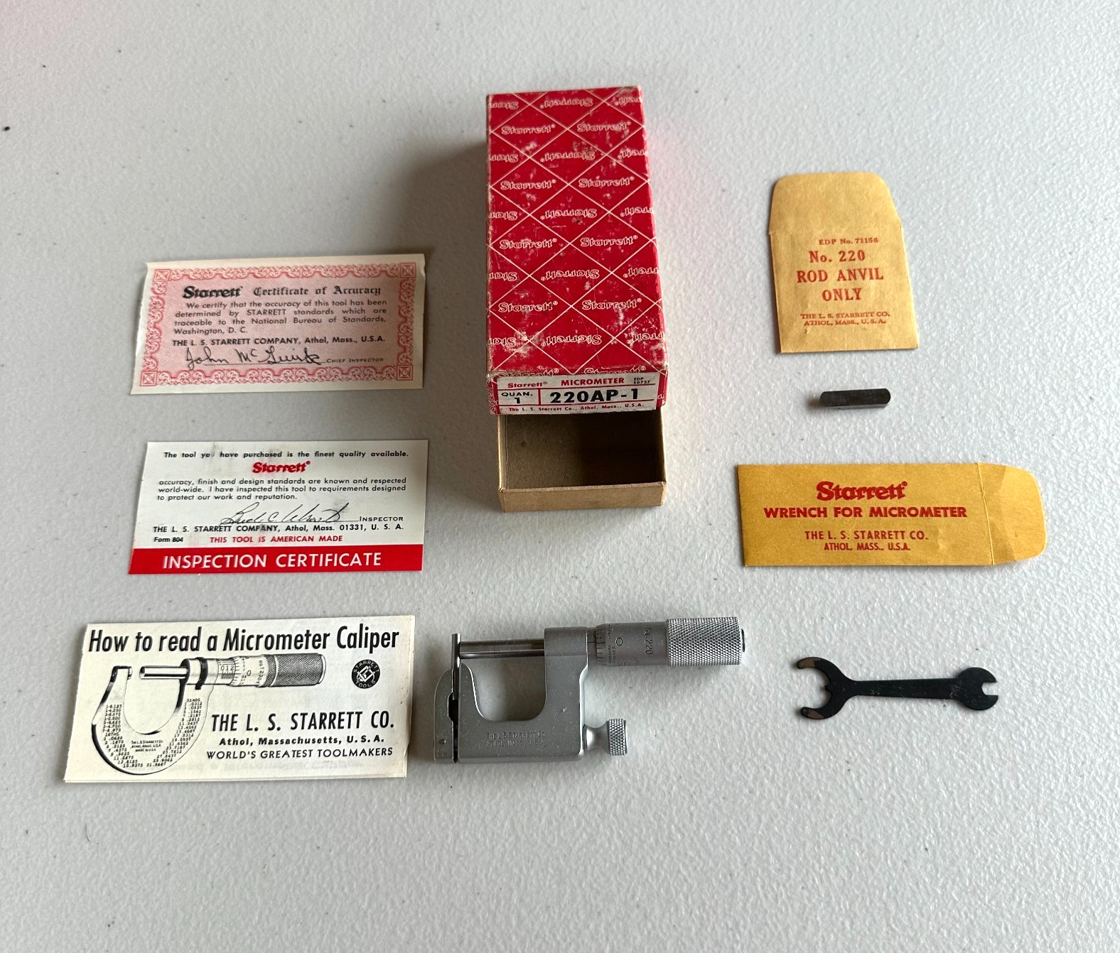 VTG Starrett Micrometer 220AP-1 Original Box & Accessories Beautiful Condition