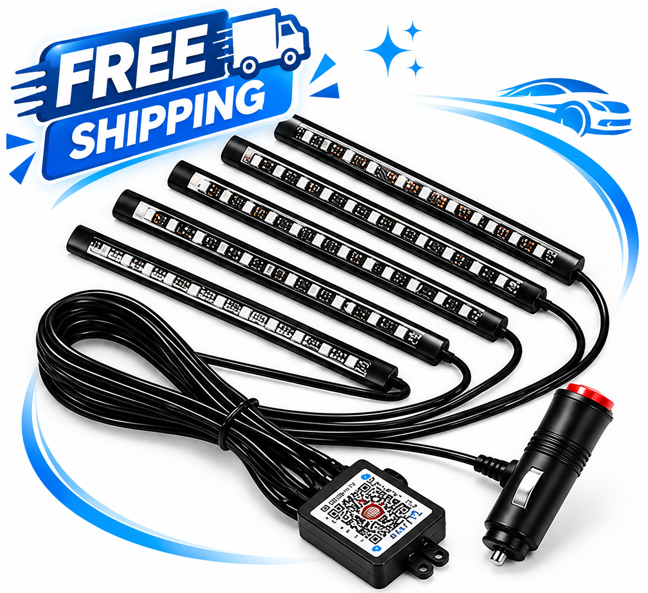 Car LED Interior Lights with Music Sync  72 RGB LEDs, Bluetooth & Remote Control