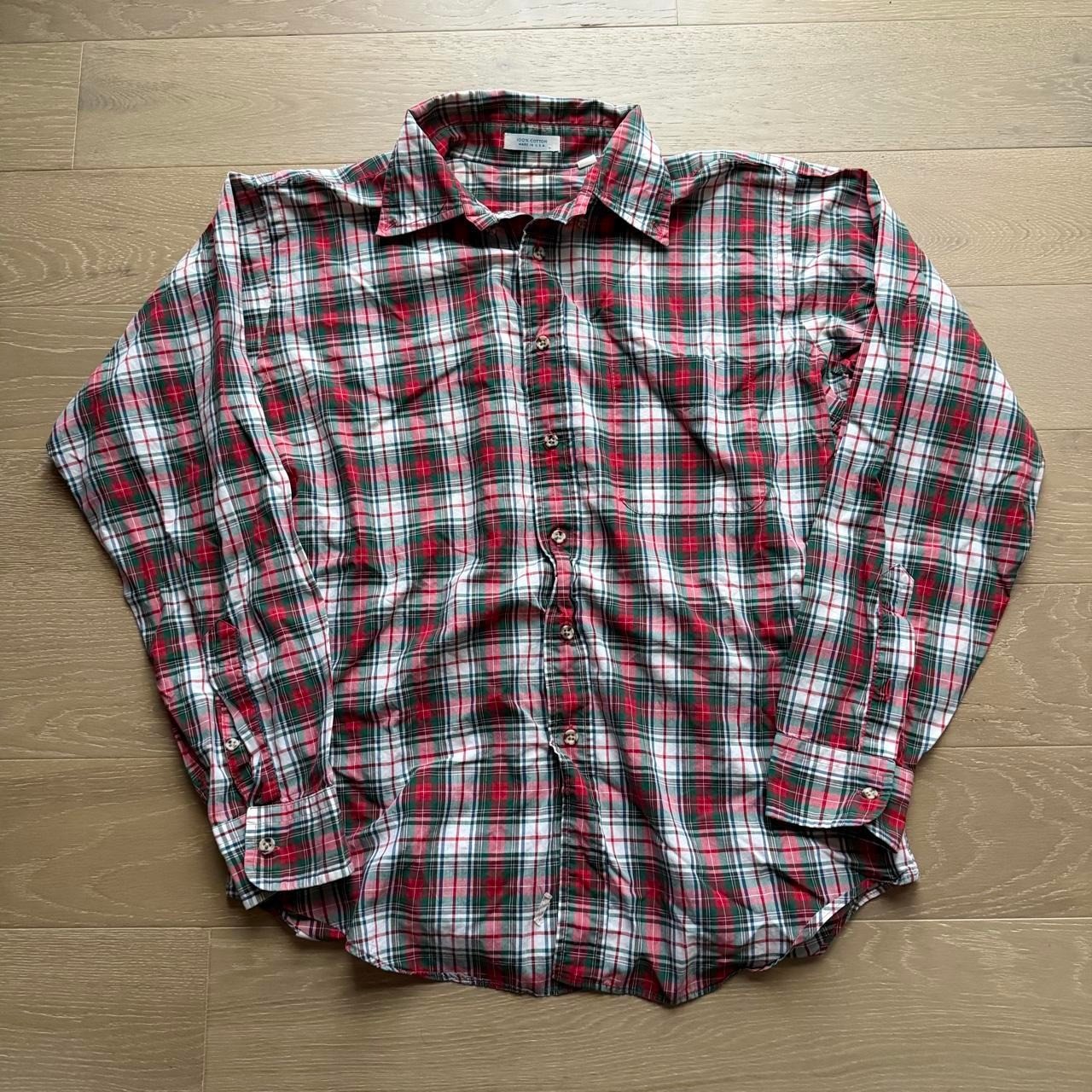 Vintage 1960s 70s Flannel Shirt Mens Large Red Green Plaid Cotton Made in USA