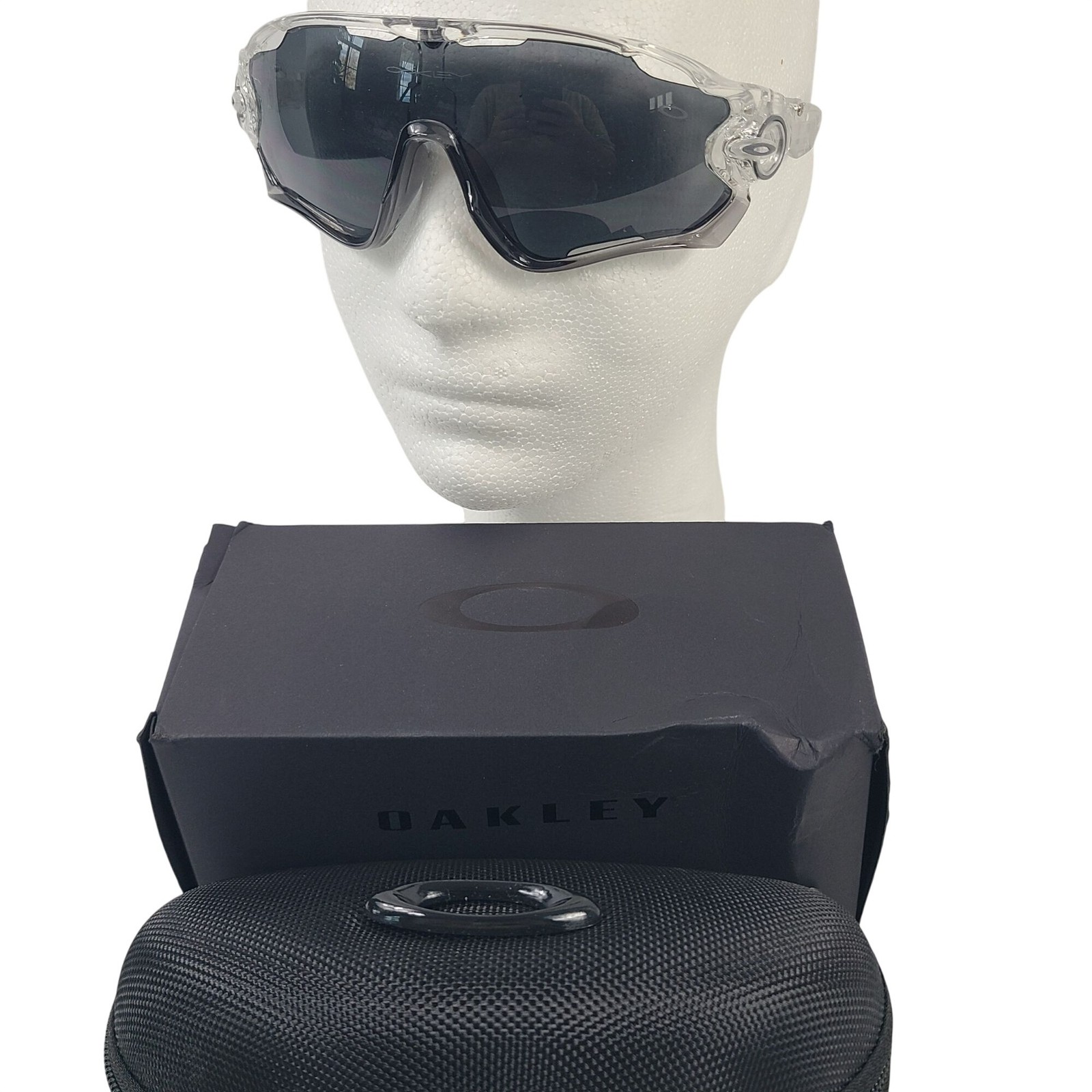 NEW Oakley Jawbreaker Clear Frame & Black Lens Sports Sunglasses
