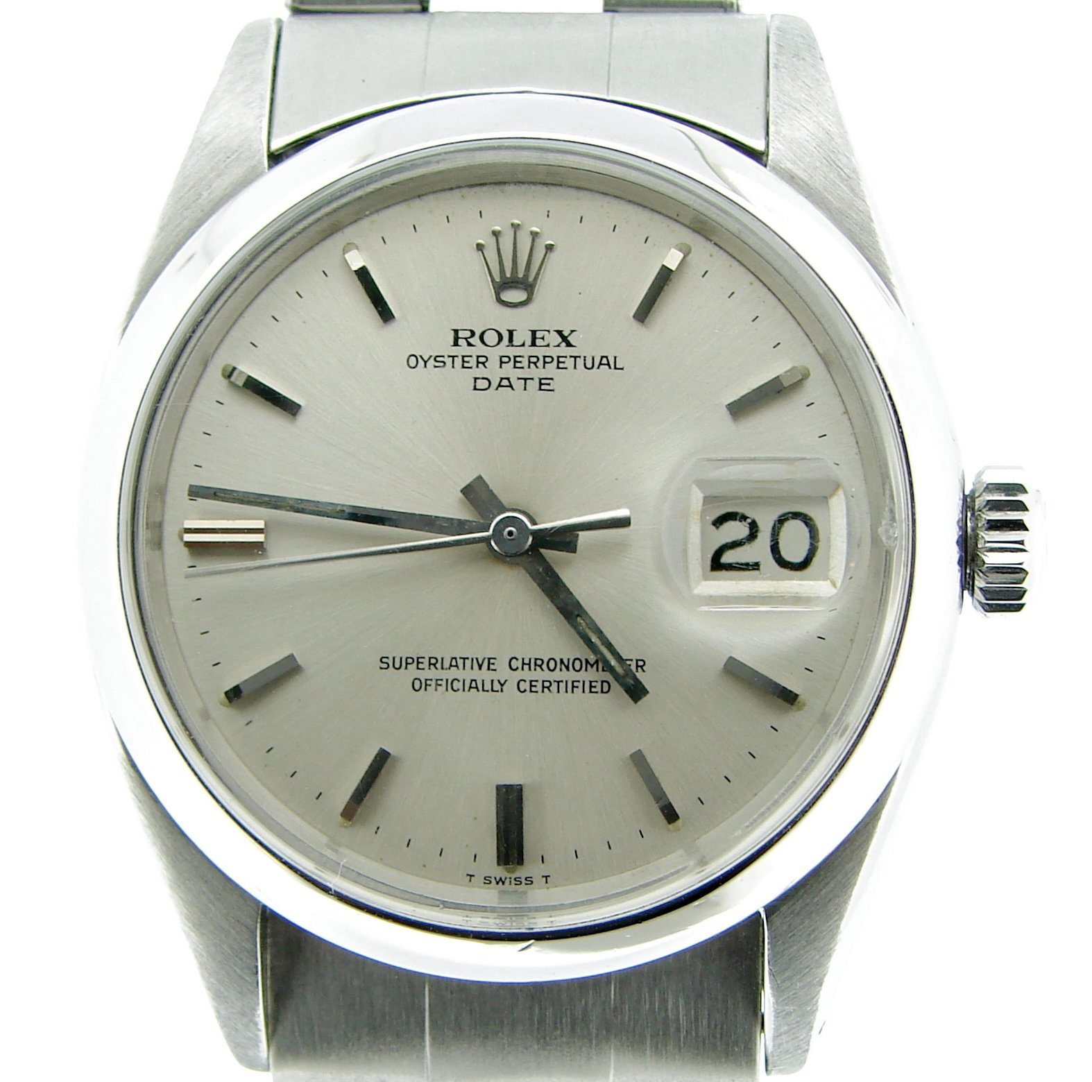 Mens Rolex Date Stainless Steel Watch Oyster Rivet Band Silver Dial Vintage 1500