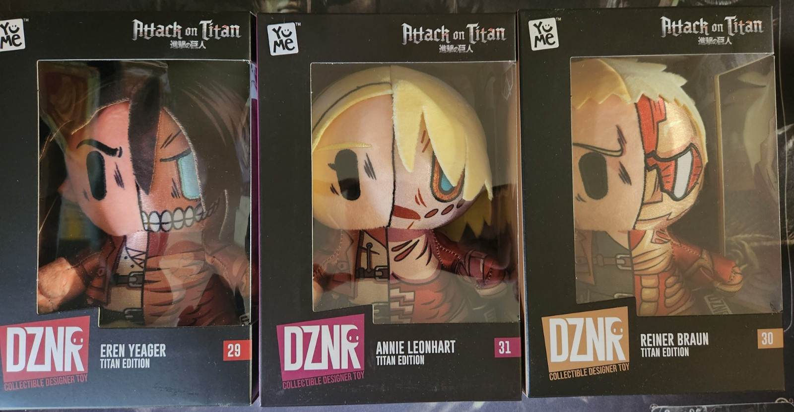 YuMe DZNR Attack on Titan Collectible Designer Plush Set of 3 Eren Annie Reiner YuMe DZNR Attack on Titan Collectible Designer Plush Set of 3 Eren Annie Reiner