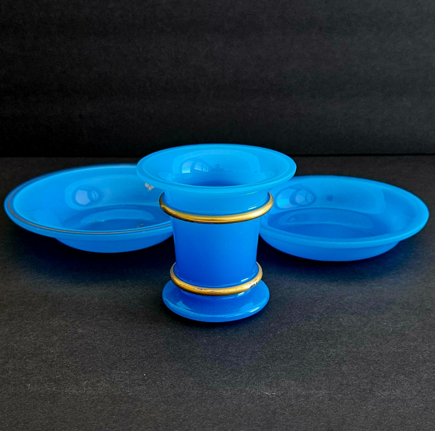 Antique French Blue Opaline Glass Vanity Set Gilt Laurel Wreath c 1890