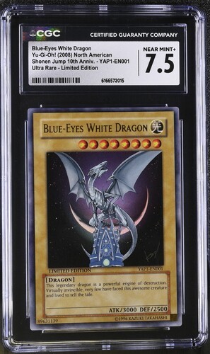 2008 Yu-Gi-Oh Blue-Eyes White Dragon YAP1-EN001 Ultra Rare CGC 7.5 Anniversary 2008 Yu-Gi-Oh Blue-Eyes White Dragon YAP1-EN001 Ultra Rare CGC 7.5 Anniversary