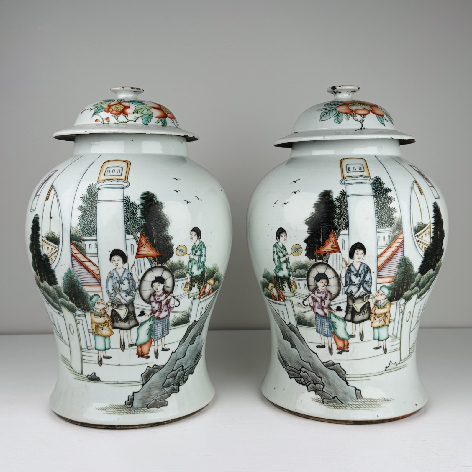 Pair Antique Chinese Republic Period Famille Rose Temple Jars Calligraphy 16 Pair Antique Chinese Republic Period Famille Rose Temple Jars Calligraphy 16