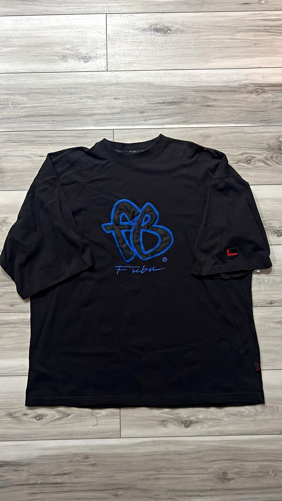 Y2K FUBU The Collection Black/Blue Graphic Logo Embroidered T-Shirt Men 2XL