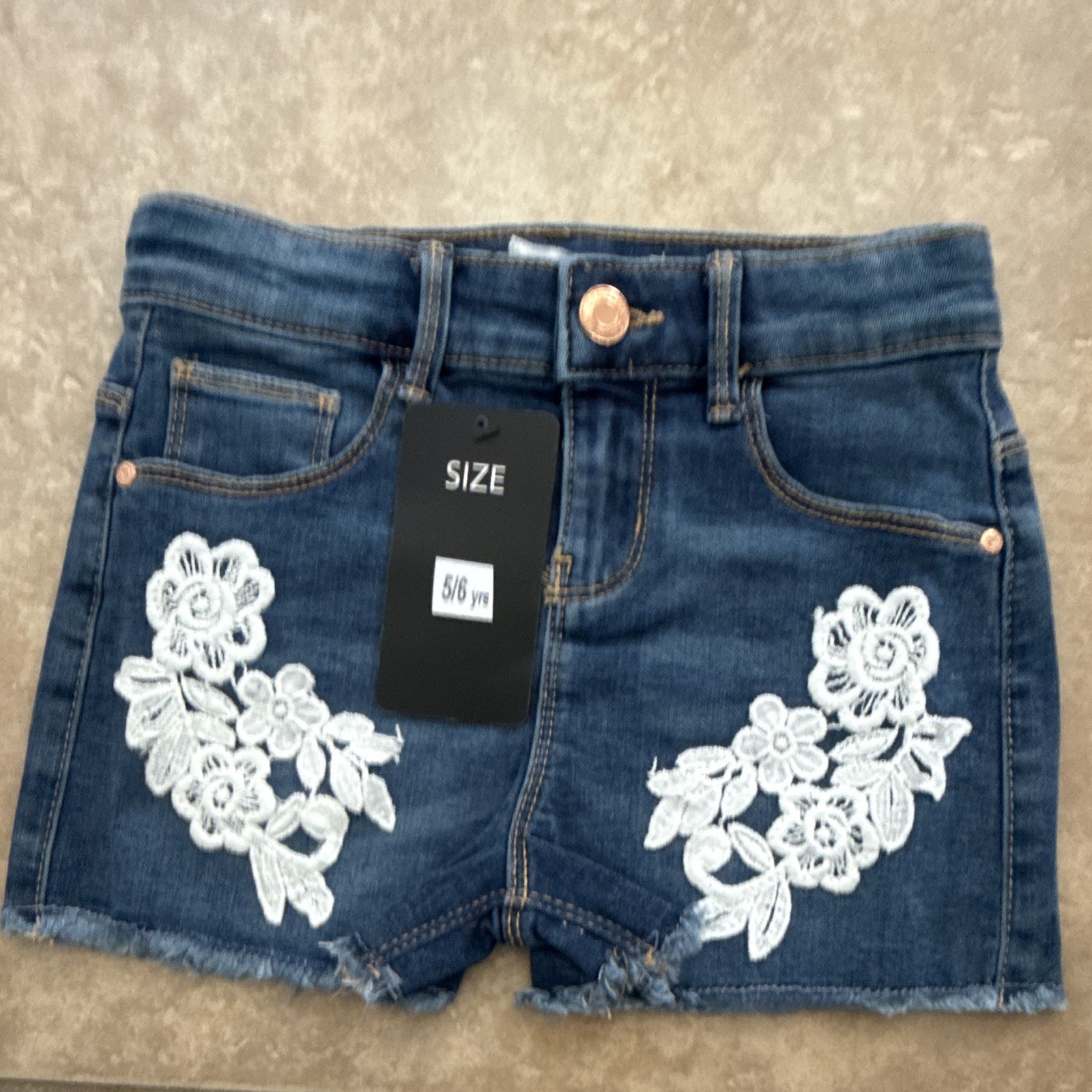 Shein Girls Blue Denim Cut-Off Shorts Floral Lace Applique Pockets 5-6 Years