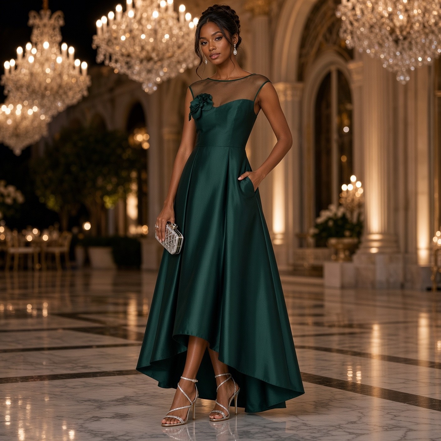 Adrianna Papell Floral Applique High Low Illusion Neck Teal Gown Dress Sz 8