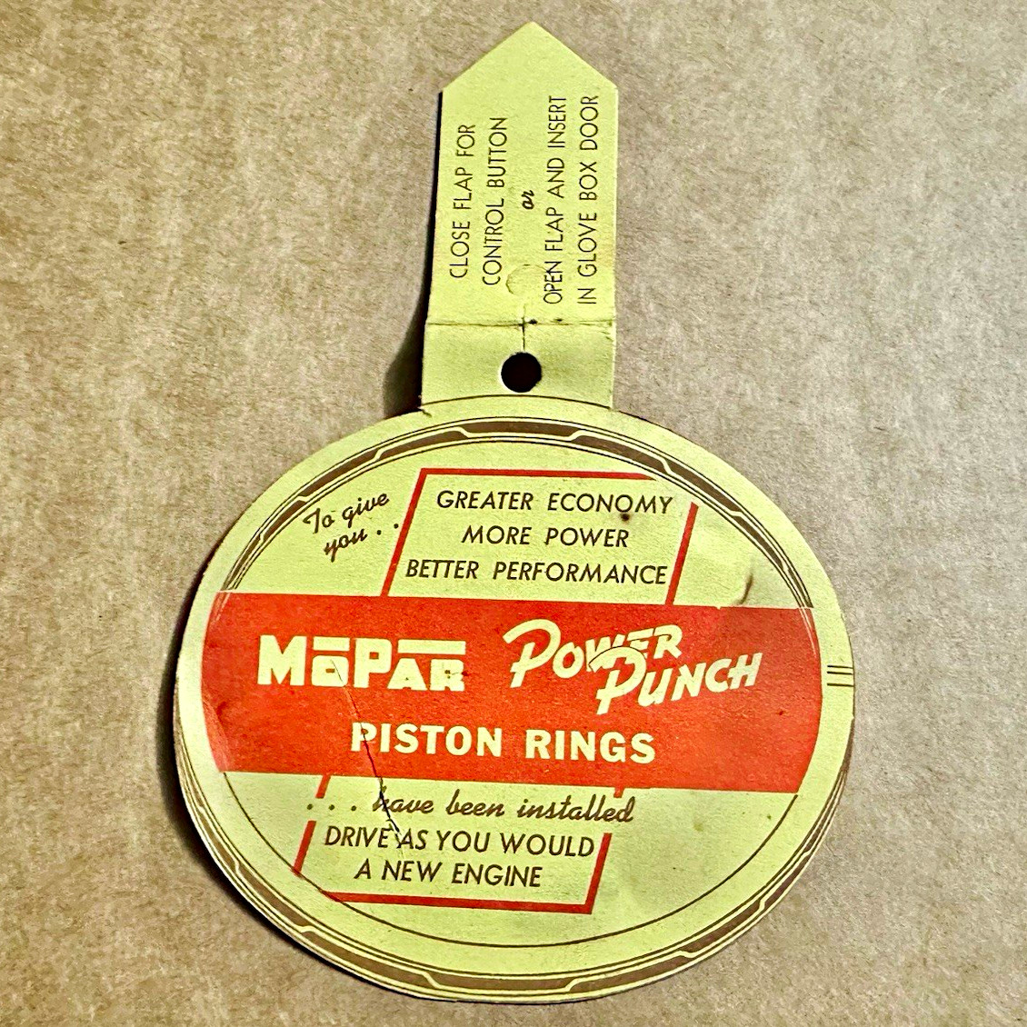 Vintage MoPar Power Punch Piston Rings Glove Box Door Tag Chrysler Dodge D-9371