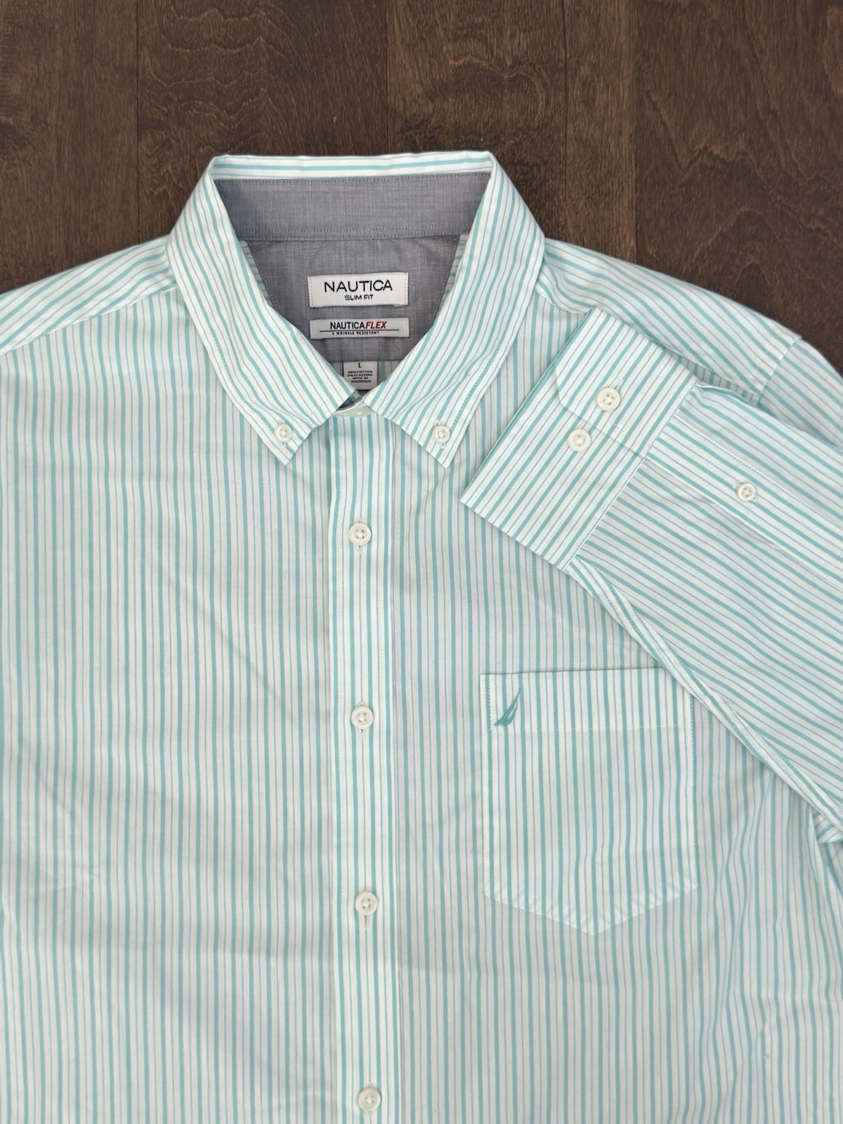 NWT Nautica Flex Mens Slim Fit Blue Stripe Button Down Shirt Size L Stretch Logo