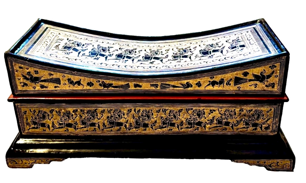 Antique Hand Made Burmese Highly Decorated Gilded Wood Lacquerware Pillow Box