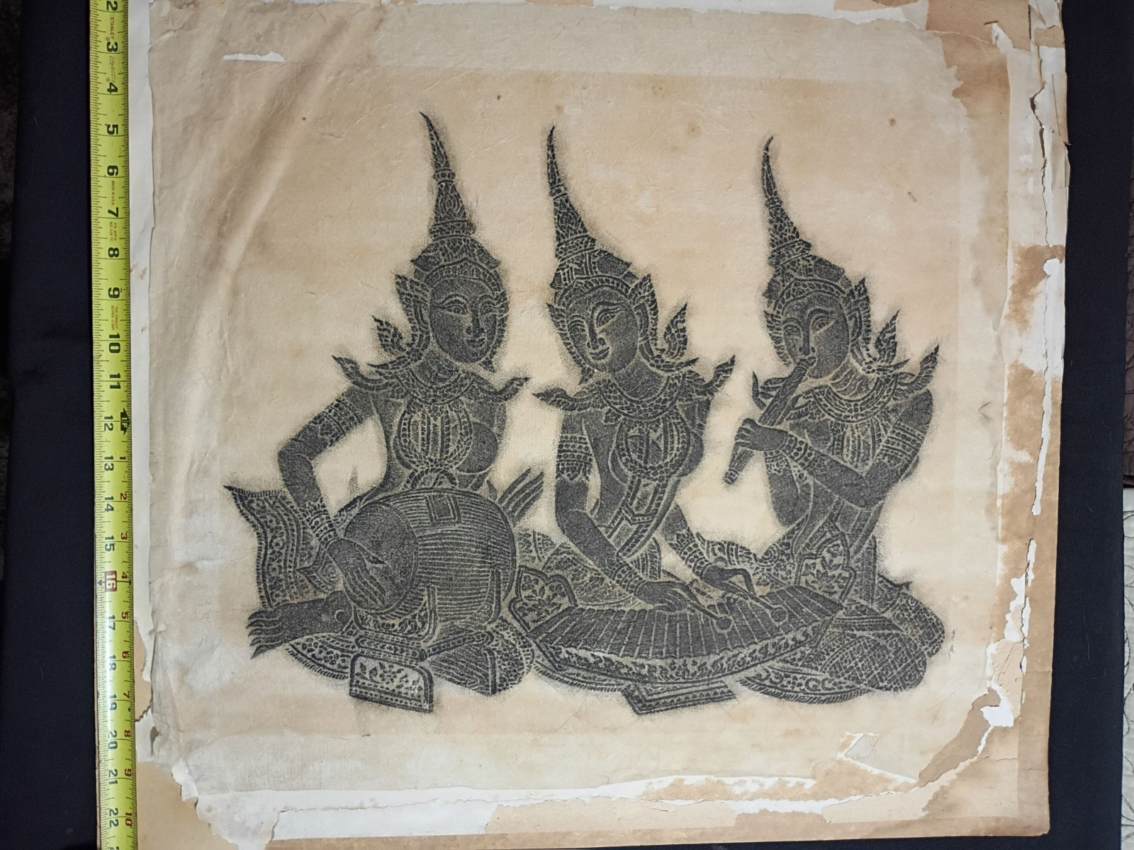 Vintage 1960s Thai Temple Rubbing Three Musicians Rice Paper Thailand Art Vintage 1960s Thai Temple Rubbing Three Musicians Rice Paper Thailand Art