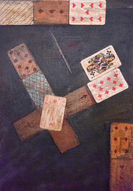 Vladimir Nemukhin — Composition with cards, 1987. Mixed media on board
