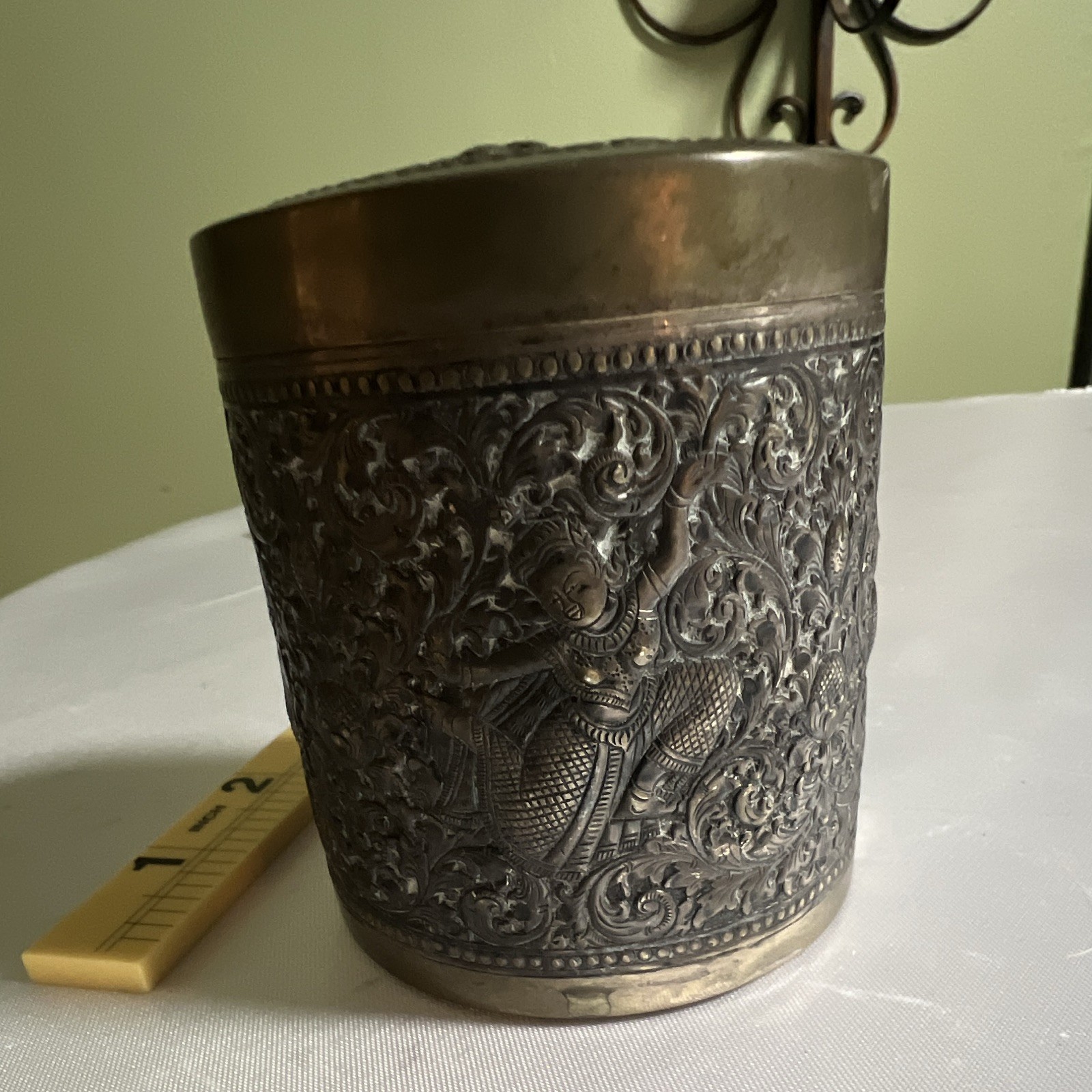 Antique Thai Cambodian Repousse Brass Tea Caddy Humidor Wood Lined Hanuman Box