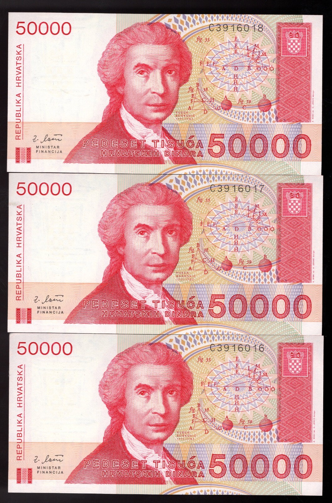 LOT, Croatia, 3 x 50,000 (50000) Dinara 1993 Pic# 26, UNC Consecutive