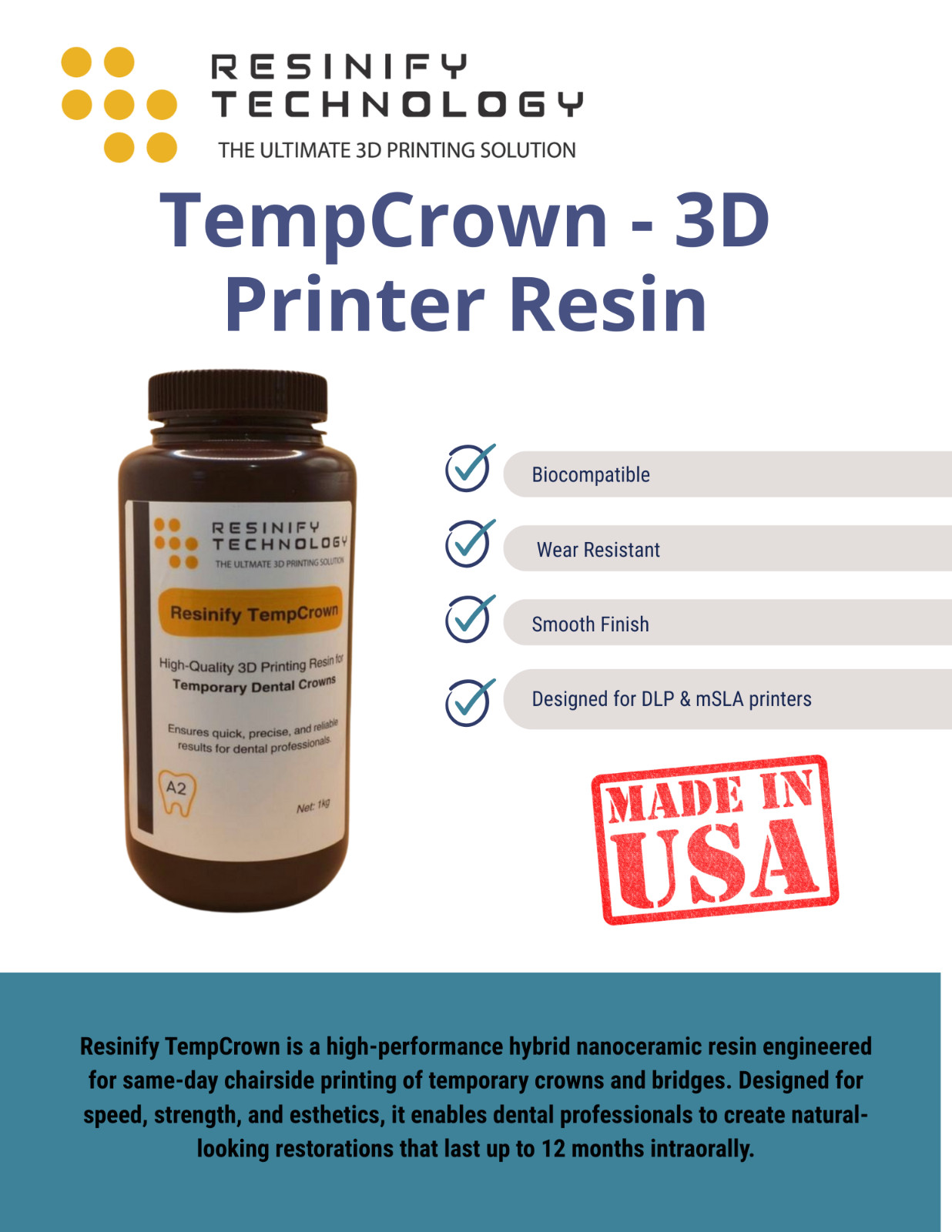 Resinify TempCrown Temporary Crown & Bridge Dental 3D Resin 500g/1kg
