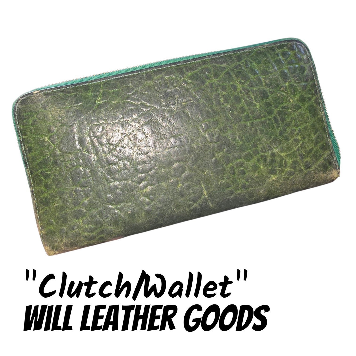 Will Leather Goods Distressed Green Zip Around Wristlet Clutch Boho Logo Wallet 