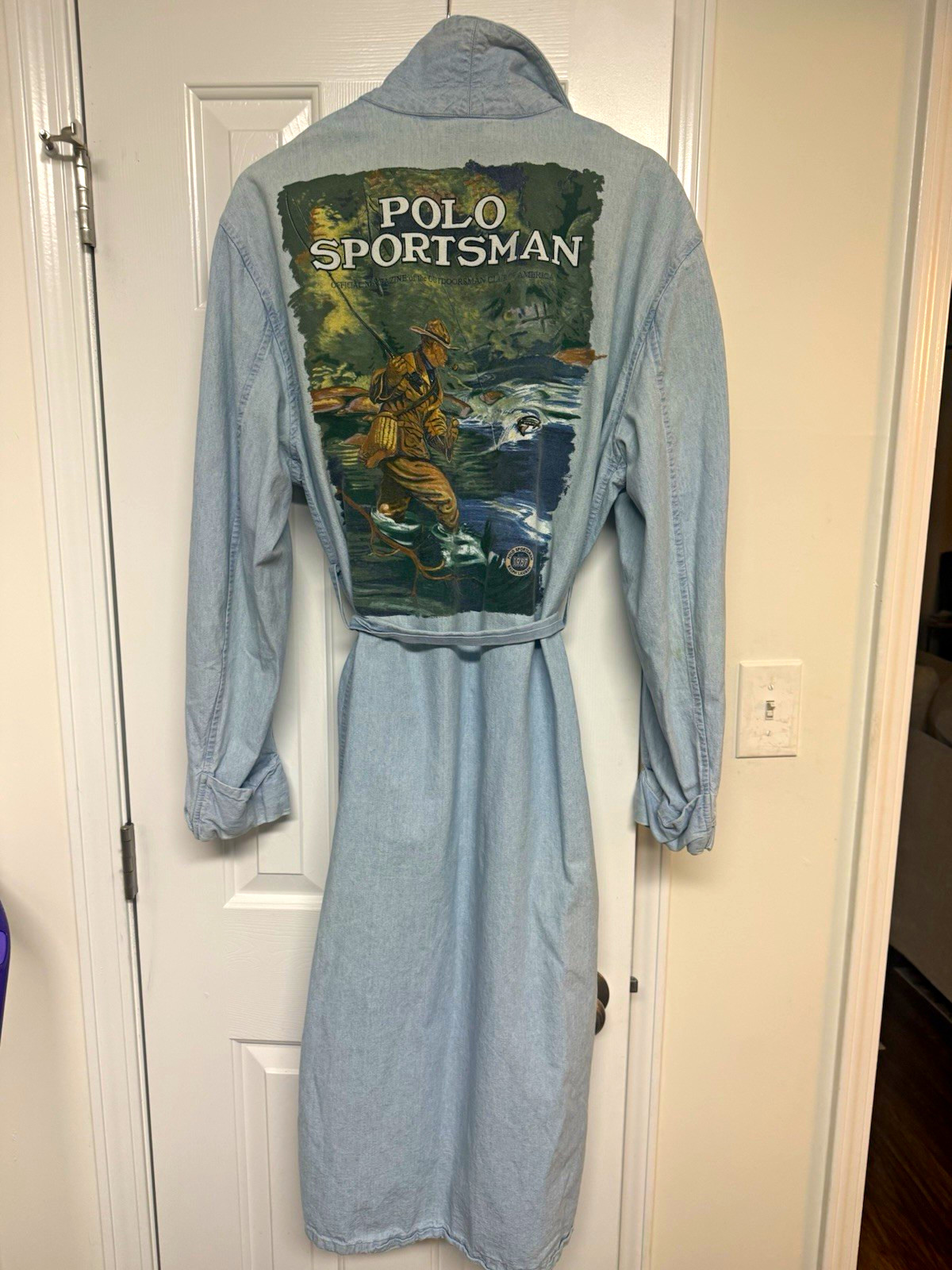 Vtg 1989 Polo Country Ralph Lauren Sportsman Fisherman Denim Robe Duster L USA