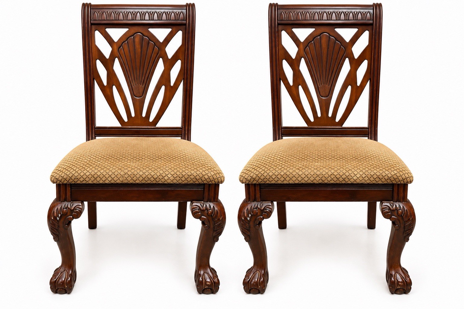 Vintage Chippendale Style Carved Wood Dining Chairs Claw Feet Set of 2