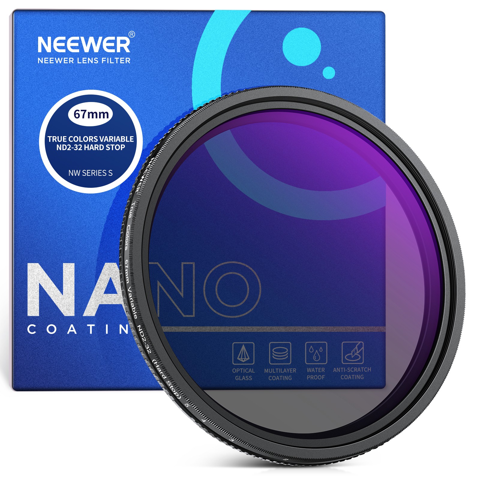 NEEWER 67mm Variable ND2-32 Filter, 1-5 Stops, No X Cross, HD Glass, Aluminum