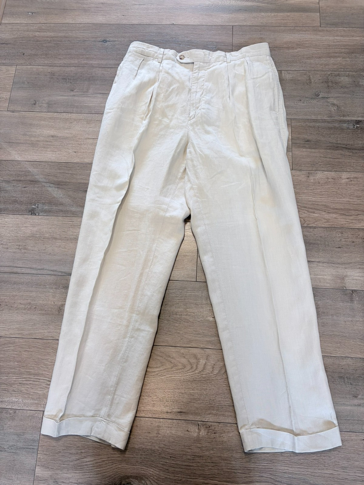 Daniel Cremieux Mens 34X32 100% Linen Beige Pleated Cuffed Beach Casual Pants Daniel Cremieux Mens 34X32 100% Linen Beige Pleated Cuffed Beach Casual Pants