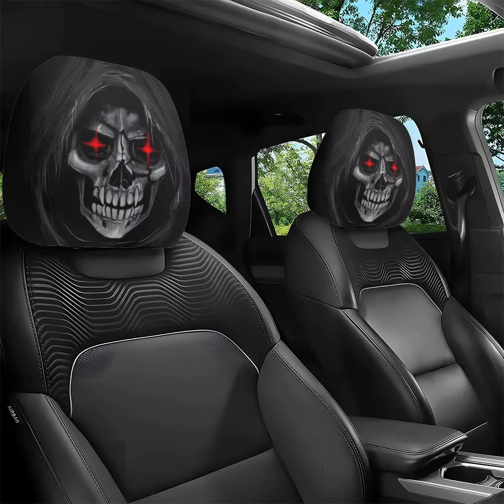 2PCS Halloween Horror Car Headrest Covers Universal Elastic Skull Face Seat Prot