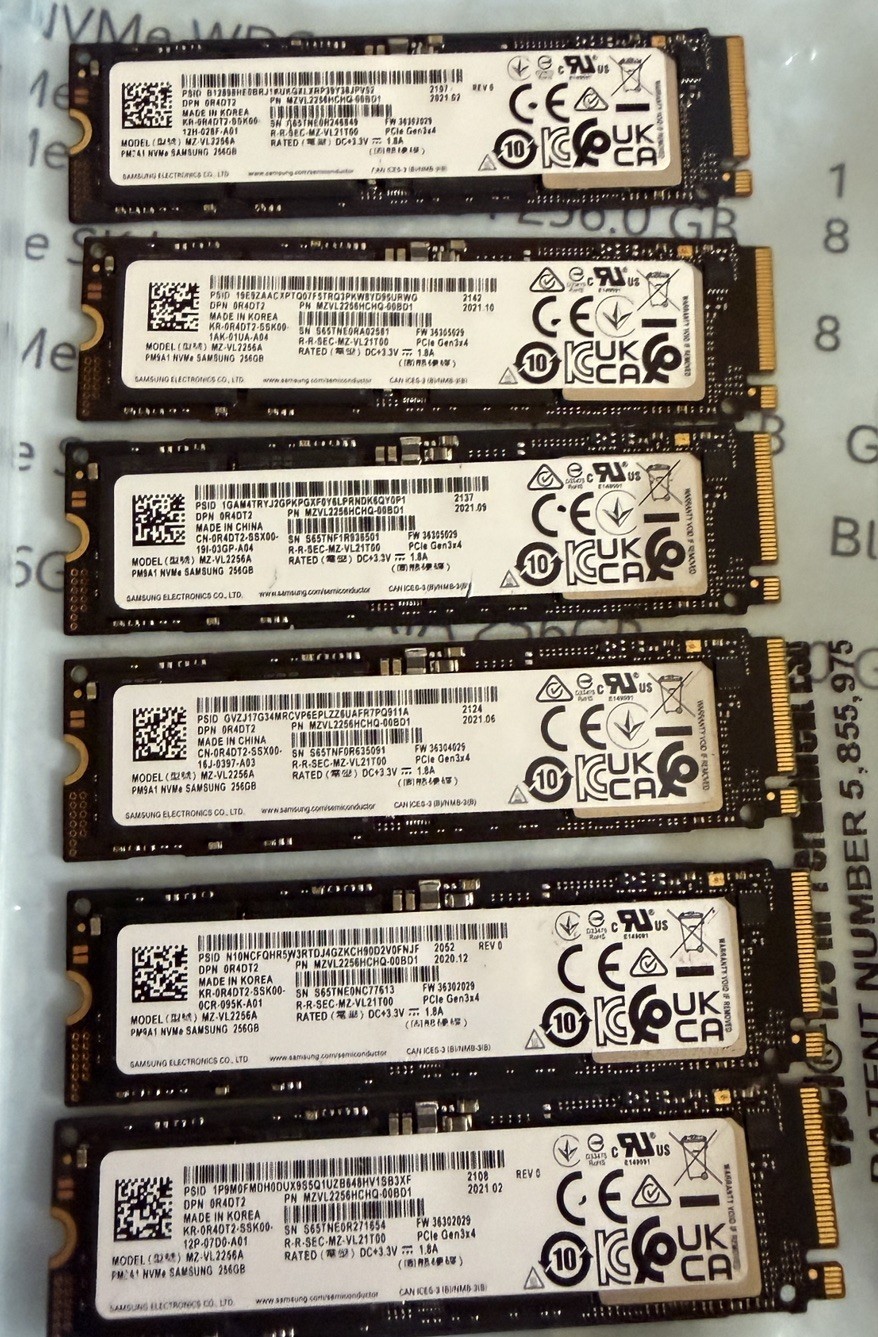 Lot of 6 Samsung SSD 256GB PM9A1 NVMe Tested Good. Lot of 6 Samsung SSD 256GB PM9A1 NVMe Tested Good.