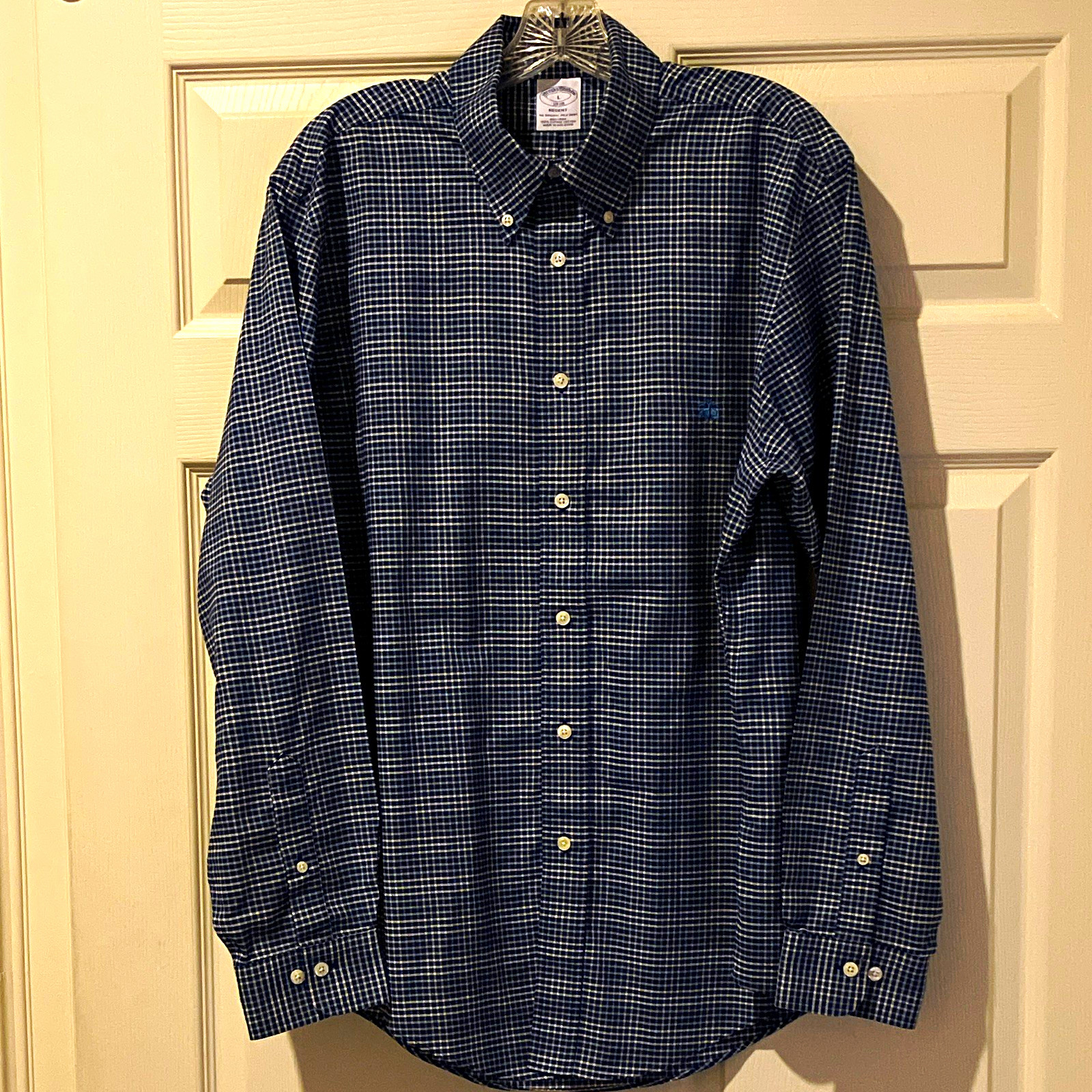 Brooks Brothers 1818 Regent Men\'s L Blue/White Check Non-Iron Button-Down