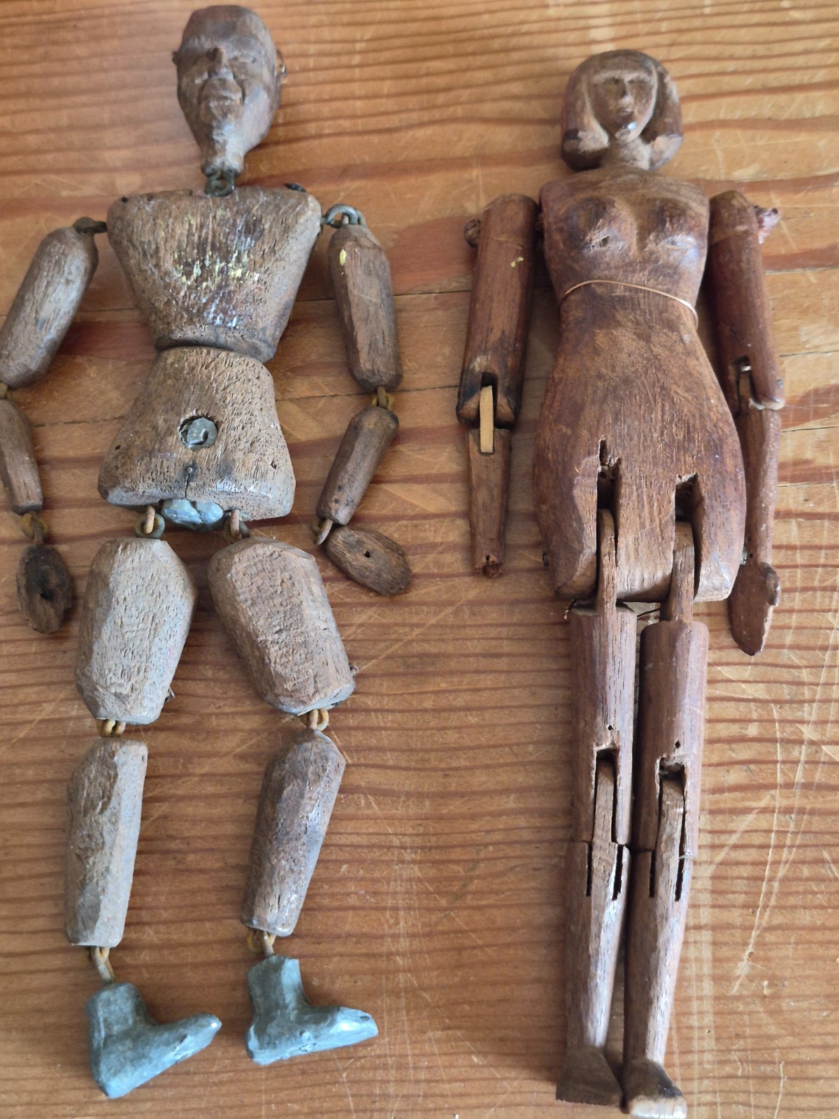 Antique WOODEN Dolls - male (9”  23 cm tall) female (8 3/4\