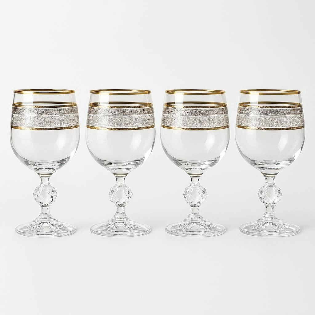 Bohemian Wine Glasses Lead Crystal Etched 24K Gold Rim Set of 4 Mint Vintage