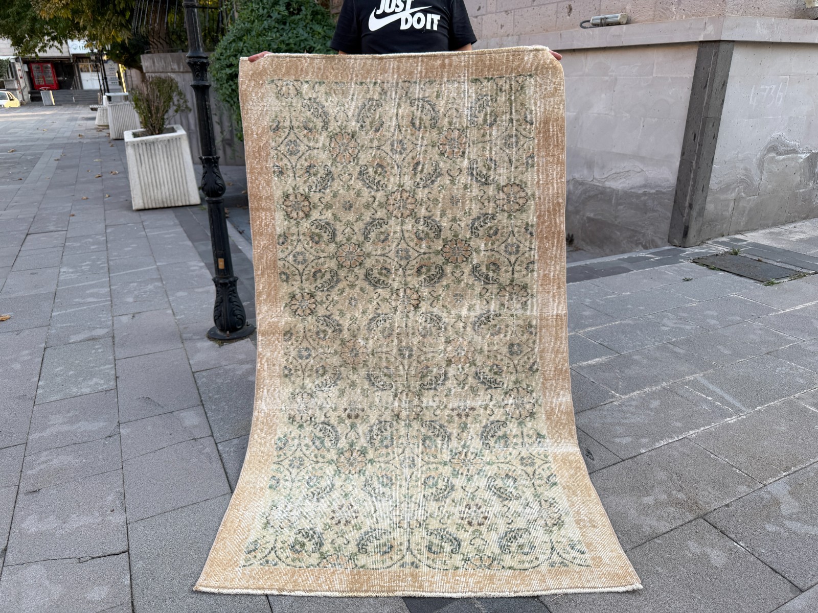 Beige Turkish Rug 3.7x6.4 ft Vintage Wool Faded Floral Distressed Area Carpet