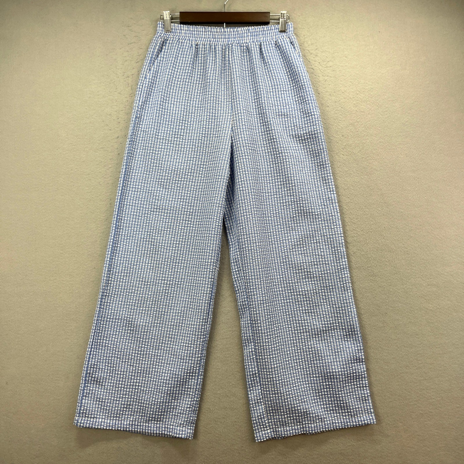 Emery Rose Wide Leg Trousers Women M Blue White Gingham Seersucker Casual
