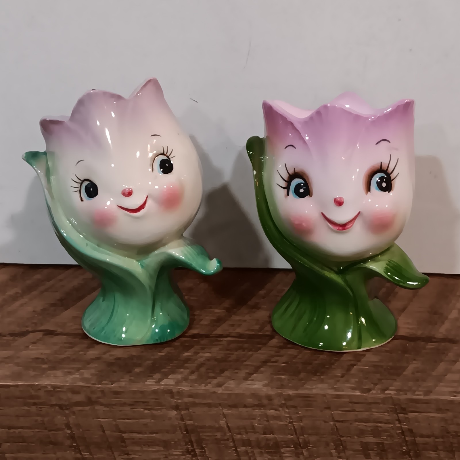 RARE  Lefton Tulip Flower Face Anthropomorphic Egg Cup & Shaker HTF 