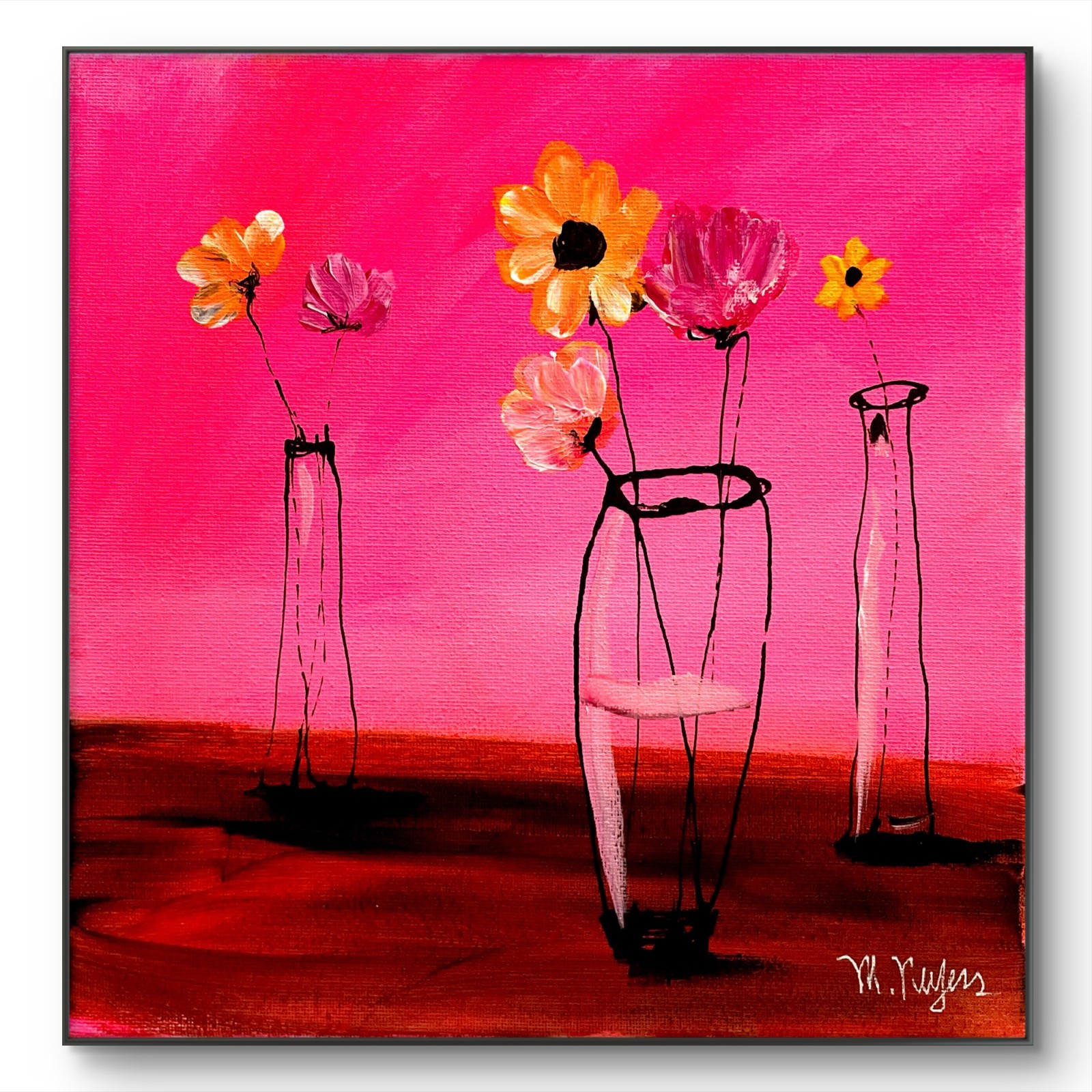 Mary Myers Original Abstract Expressionism 10x10 Flowers Pink Vases Signed