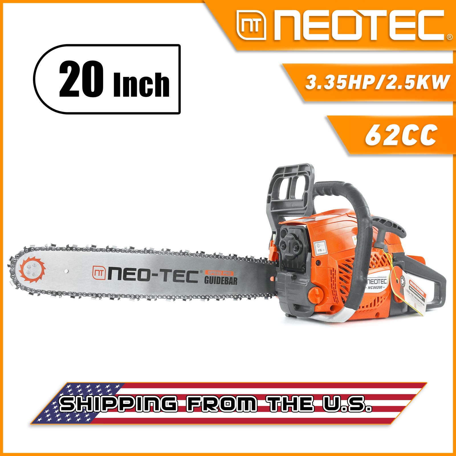 NEOTEC 62cc Gas Chainsaw 3.5 HP Gas Powered 20 inch Chainsaw For Wood Cutting