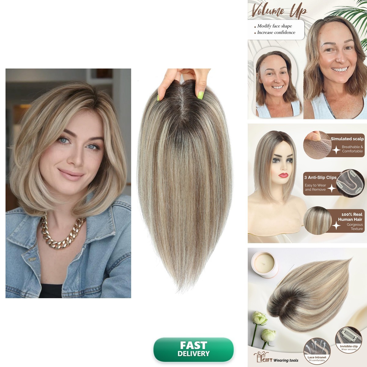 lagomance 12 inch Human Hair Topper Ombre Light Brown with Blond Highlight Mono lagomance 12 inch Human Hair Topper Ombre Light Brown with Blond Highlight Mono