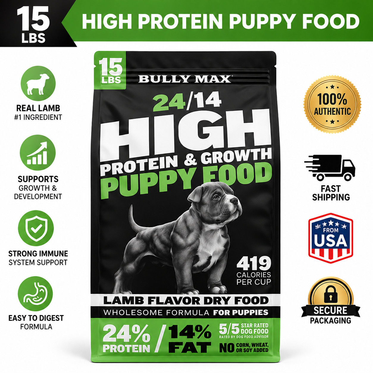 Bully Max 24/14 High Protein Growth Puppy Dry Dog Food – Choose Size Bully Max 24/14 High Protein Growth Puppy Dry Dog Food – Choose Size