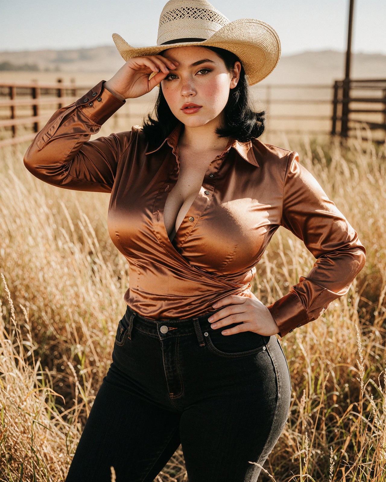 Brunette Curvy Busty Woman Cowgirl Ranch Western 8x10 Photo Print - 82982