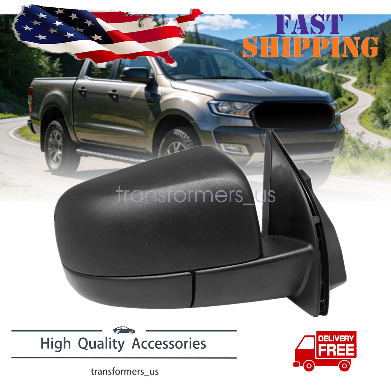 Black Right Passenger Side Mirror for 2019-2022 Ford Ranger 5Pin Blind Spot