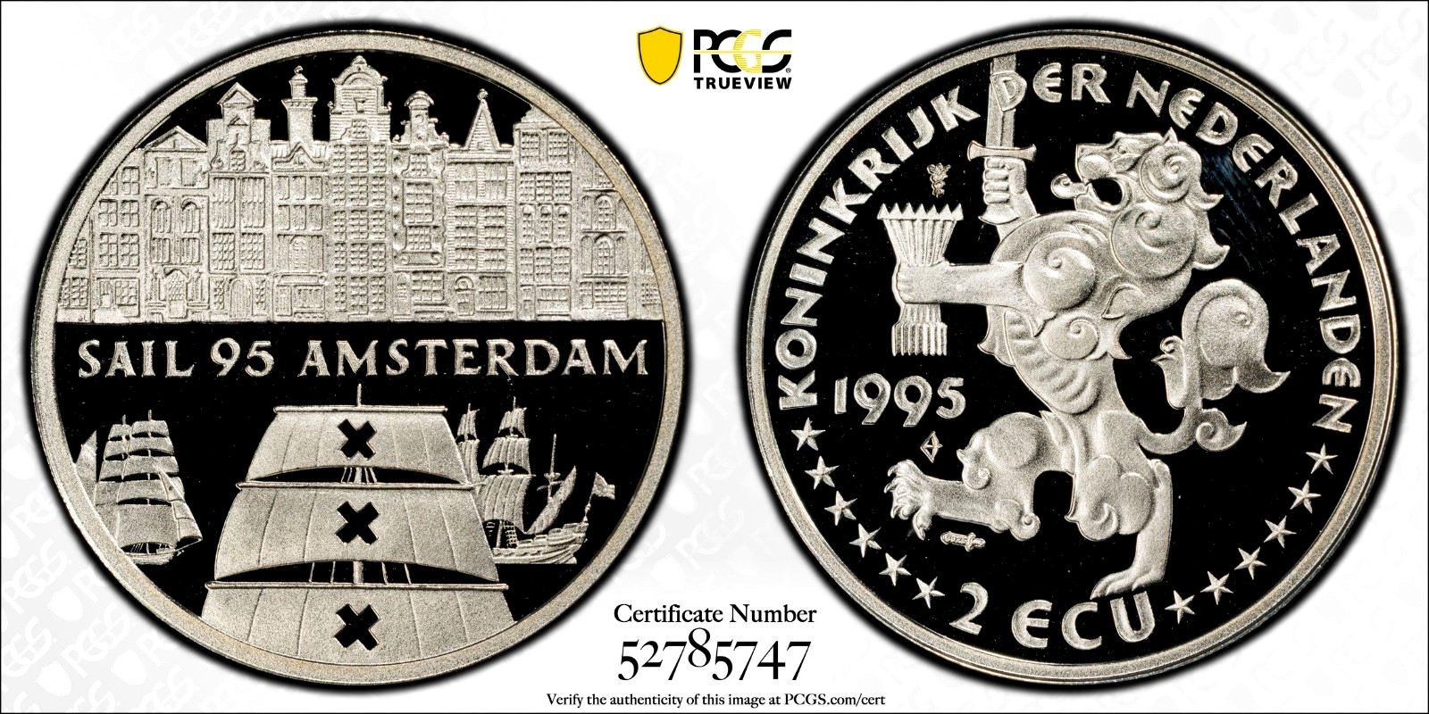 1995 Netherlands 2 Ecu Sailing Ships \'95 Amsterdam Proof Silver PCGS PR69DCAM 1995 Netherlands 2 Ecu Sailing Ships \'95 Amsterdam Proof Silver PCGS PR69DCAM