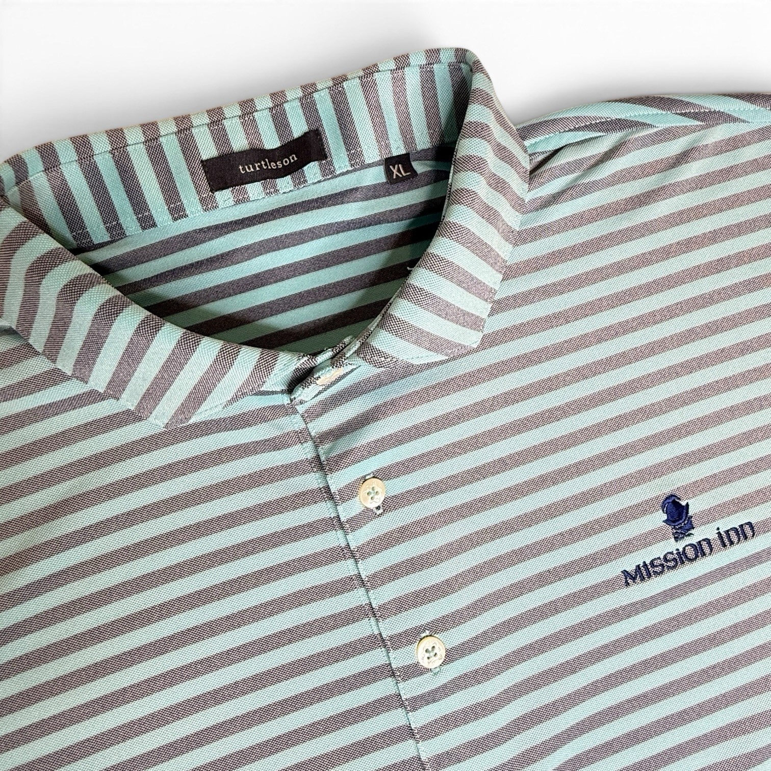 Turtleson Polo Shirt Mens XL Blue Gray Striped Golf Performance Mission Inn